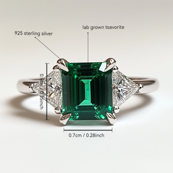 Sgarit Fine Jewelry 925 Sterling Silver Lab Gemstone Ring Emerald Cut 9X7mm Lab Grown Tsavorite Gemstone Ring for Women