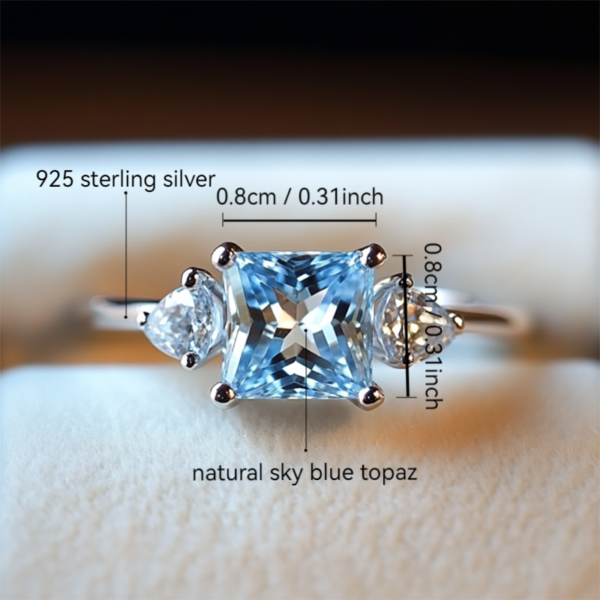 Sgarit Fine Jewellery 925 Sterling Silver Natural Gemstone Sky Blue Topaz Princess Cut Main Stone 8x8mm Ring Jewelry