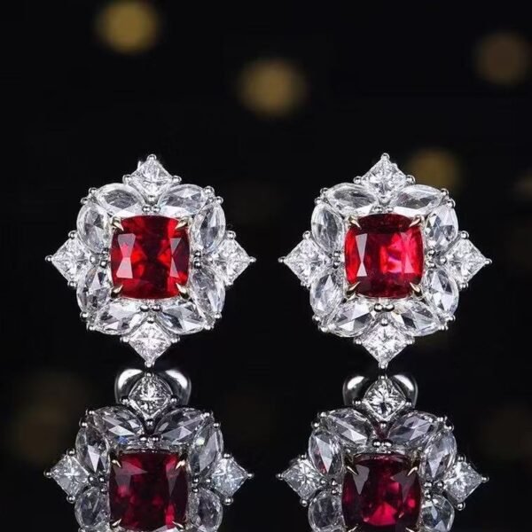 SGARIT PT950 18K Gold Jewelry 2.05ct Cushion Cut Unheated Natural Pigeon Blood Red Ruby Ear Stud With Diamond Jewellery