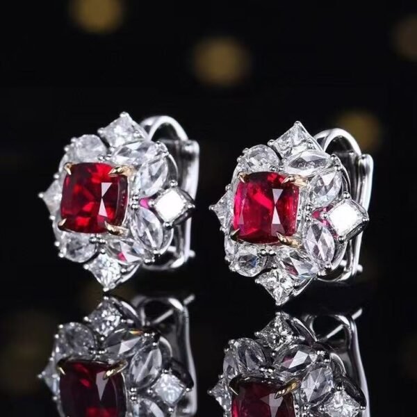 SGARIT PT950 18K Gold Jewelry 2.05ct Cushion Cut Unheated Natural Pigeon Blood Red Ruby Ear Stud With Diamond Jewellery