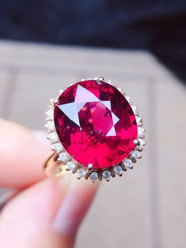 SGRAIT Luxury 18k Gold Diamond Jewellery Oval Cut 9.55ct Garnet with 24p Diamonds Jewelry Ring for Wedding and Party