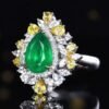 Sgarit 18K Gold Jewelry 2.97ct Pear Cut Natural Emerald Ring with 49p Diamonds 8p While Sapphire 9p Yellow Sapphire Jewellery