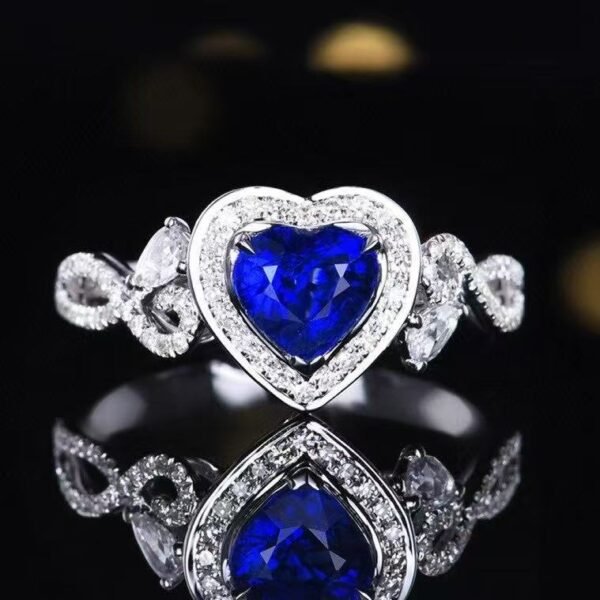 Luncy Jewelry 18k While Gold 1.08ct Heart Cut Unheated Royal Blue Sapphire with Diamonds Jewellery Ring for Engagement