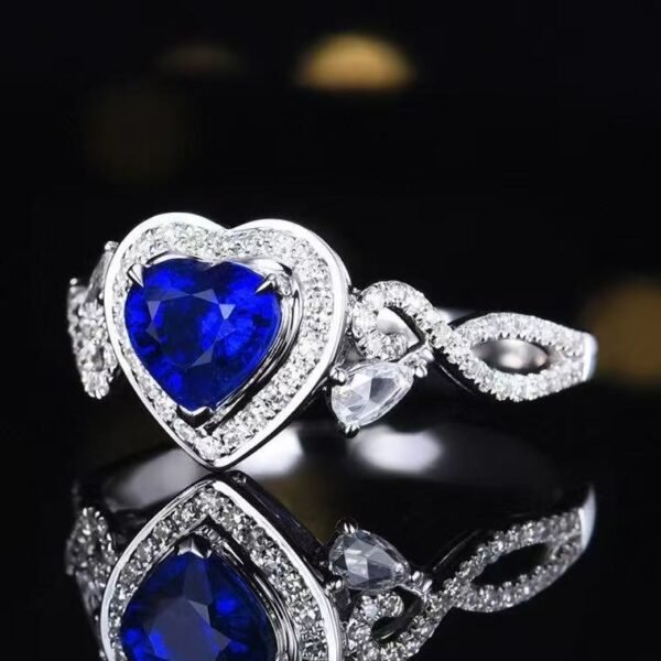 Luncy Jewelry 18k While Gold 1.08ct Heart Cut Unheated Royal Blue Sapphire with Diamonds Jewellery Ring for Engagement